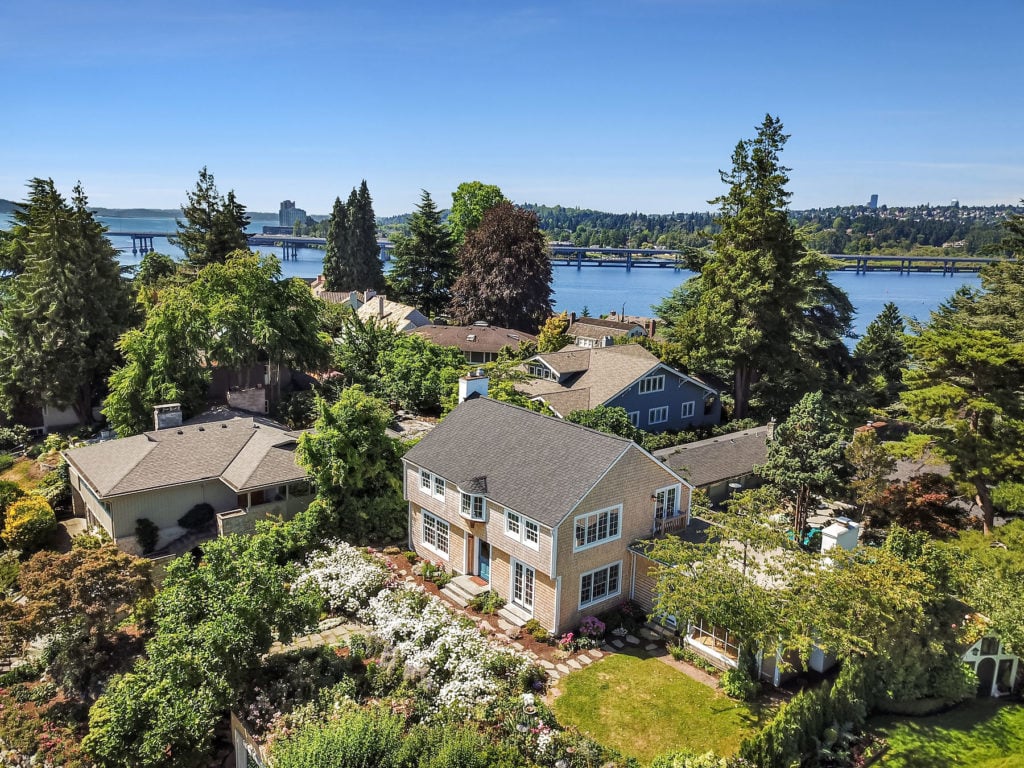 Aerial view of Cape Cod home on Lake Washington in Seattle
